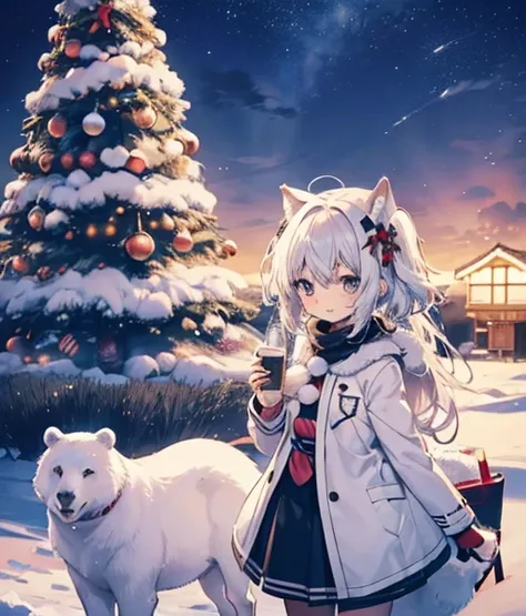 shirogane noel are having a christmas party, christmas trees with snow scenery, white horse with santa claus next to him 🐎, eati...