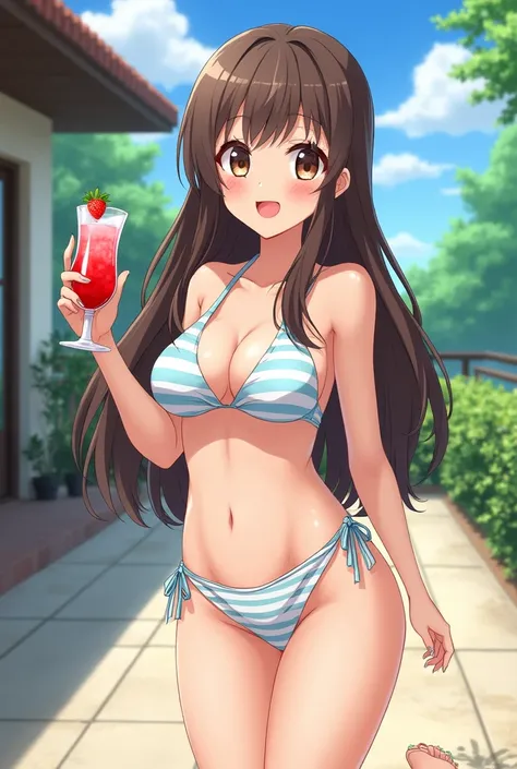 Young anime woman standing on a sunny terrace of the house, with long brunette hair and brown eyes, wearing white triangle bikini top with light blue horizontal stripes and white tie-side bikini bottoms with light blue horizontal stripes, wearing beach sli...