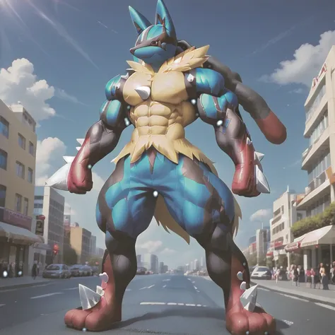 (masterpiece. official art. 8k. best quality. detailed full body. full body.)
(megacario, blue skin, yellow fur, multicolored sk...