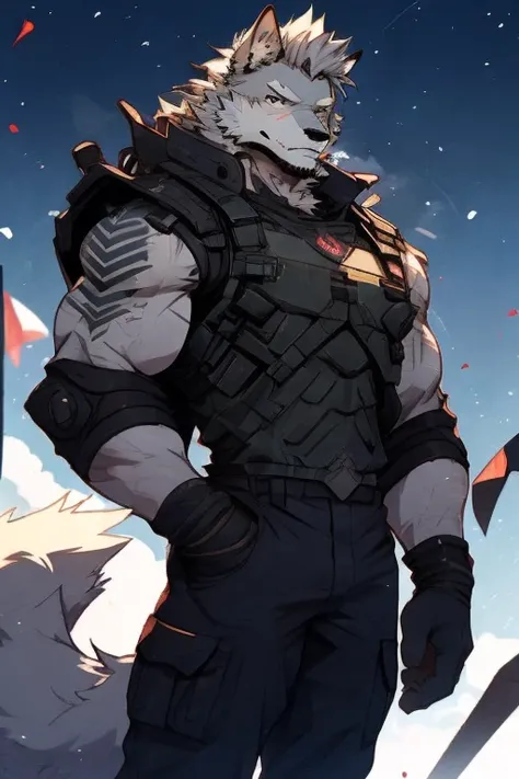 an upper torso body and right body picture of a very muscular furry style gray wolf. he is wearing full armed green soldier mili...