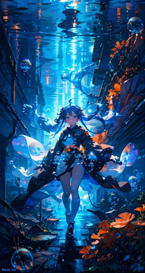 (master piece), (best quality), 1 girl, solo full body shot, perfect face, beautiful girl, very detailed，(long blue hair:1.1),grey eyes,white cloaths,(glowing:0.1),(cyberpunk style:0.5),sun,(pruple lights :0.8),(orange lights :0.9),(Floating hair:1.3)，(und...