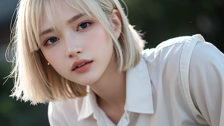 (Bob Cut Hair, Platinum Blonde Hair:1.2),(Wearing school uniform:1.2),1 girl,Japanese,2,(Small breasts:1.3),(Best Quality,masterpiece:1.3,超A high resolution,),(Ultra-detailed,Caustics),(Photorealistic:1.4,RAW shooting,)Ultra-Realistic Capture,Very detailed...