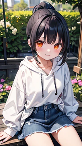 Highest quality、Realistic、Japanese、woman、cute、Orange eyes、Short Ponytail、Black Hair、、White hoodie、Denim skirt、Light grey sneakers、Crouch down、Bust Shot、garden、Small breasts、thin、looking at the camera、smile,大きい胸