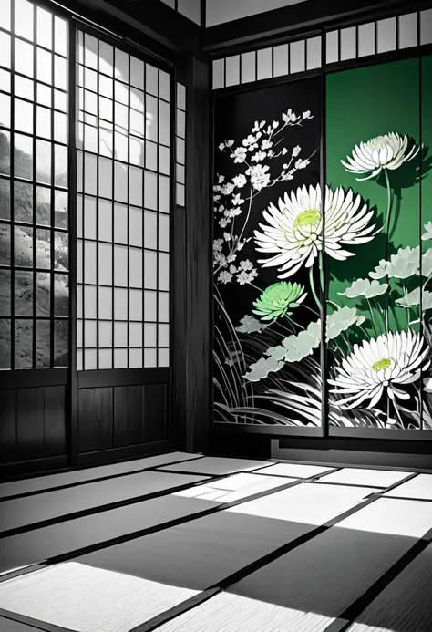 long and narrow room, bright green tatami, shoji screen with beautiful painting, and behind that shoji screen with another beautiful painting,  behind that is (round Japanese family crest, chrysanthemum petals, gold, monochrome), delicate and dynamic textu...