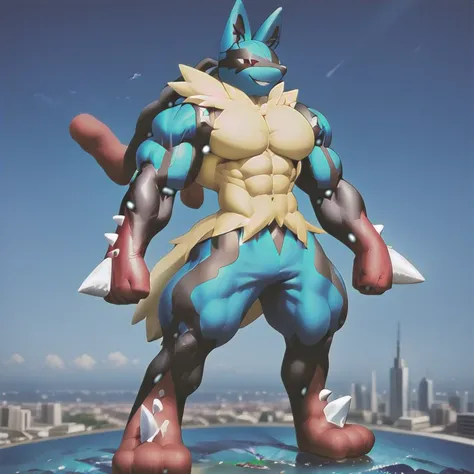 (masterpiece. official art. 8k. best quality. detailed full body. full body.)
(Megacario, blue skin, yellow fur, multicolored skin, black stripes, pokemon (creature), full body.)

(situation 1 : dominating Megacario. Megacario is over 1000 meters long. foc...