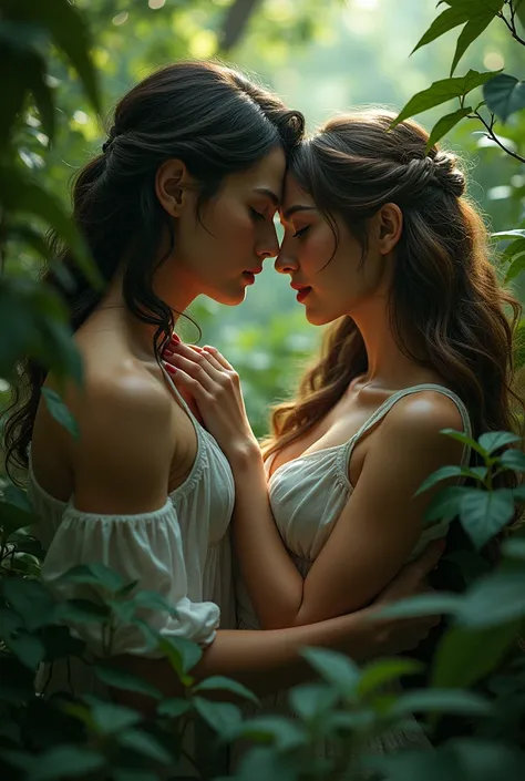 a beautiful lovers in the Garden of Eden, forbidden loveers, full body  portrait, beautiful detailed eyes, beautiful detailed lips, extremely detailed face, longeyelashes, elegant dress, romantic atmosphere, dramatic lighting, lush greenery, intricate deta...