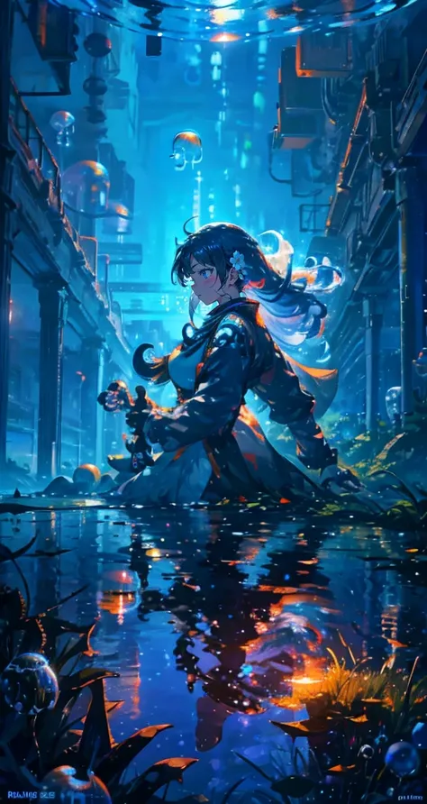 master piece, best quality, 1 girl, solo full body shot, perfect face, beautiful girl, very detailed，long blue hair,grey eyes,white cloaths,(glowing:0.1),(cyberpunk style:0.6),sun,(pruple lights :0.8),(orange lights :0.9),(Floating hair:1.3)，(under water:0...