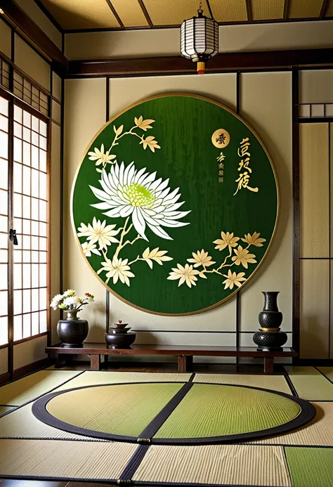 long and narrow room, bright green tatami, shoji screen with beautiful painting, and behind that shoji screen with another beaut...