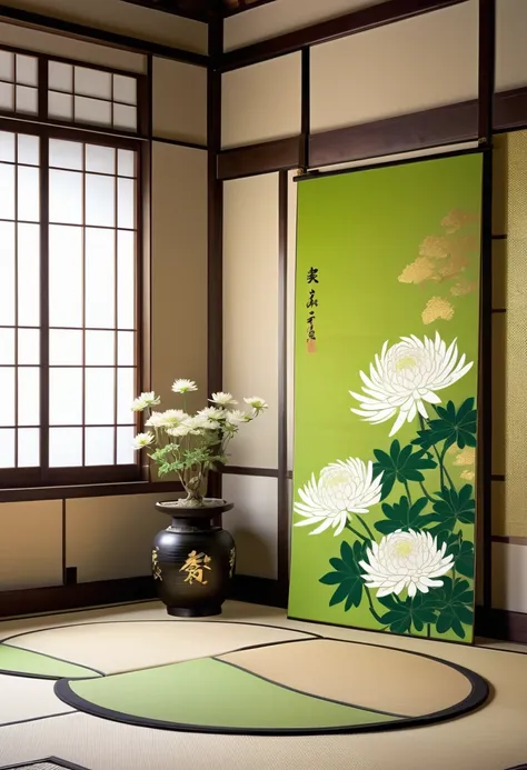 long and narrow room, bright green tatami, shoji screen with beautiful painting, and behind that shoji screen with another beautiful painting,  behind that is (round Japanese family crest, chrysanthemum petals, gold, monochrome), delicate and dynamic textu...