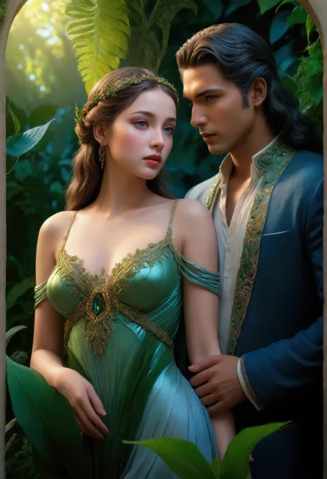 a beautiful lovers in the Garden of Eden, forbidden loveers, full body  portrait, beautiful detailed eyes, beautiful detailed lips, extremely detailed face, longeyelashes, elegant dress, romantic atmosphere, dramatic lighting, lush greenery, intricate deta...