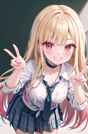 masterpiece, best quality, highres, kitagawa marin, 1girl, blonde hair, long hair, multicolored hair, red eyes, jewelry, earrings, piercing, school uniform, white shirt, tied shirt, black choker, blue necktie, plaid skirt, leaning forward, grin, peace sign...