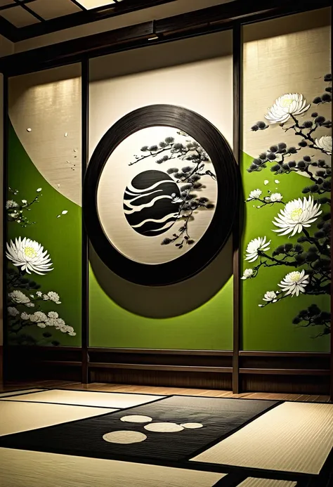 long and narrow room, bright green tatami, shoji screen with beautiful painting, and behind that shoji screen with another beautiful painting,  behind that is (round Japanese family crest, chrysanthemum petals, gold, monochrome), delicate and dynamic textu...