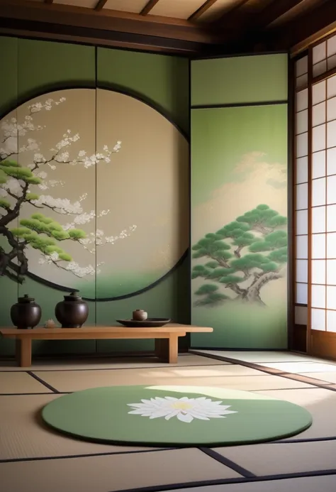 long and narrow room, bright green tatami, shoji screen with beautiful painting, and behind that shoji screen with another beautiful painting,  behind that is (round Japanese family crest, chrysanthemum petals, gold, monochrome), delicate and dynamic textu...