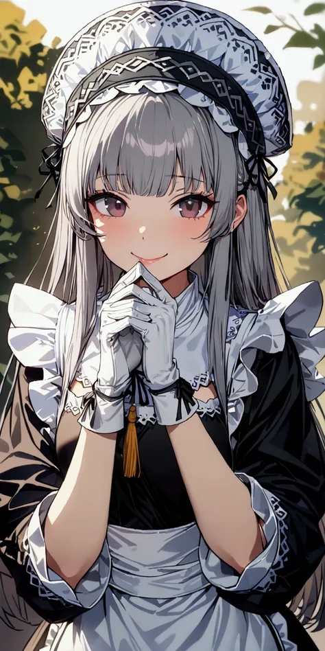 a beautiful young girl with long gray-black hair, wearing a classic Ming-Ukrainian maid outfit with a traditional Ming-Ukrainian hat, smiling shyly and covering her mouth with her delicate white-gloved hand, (high resolution, sharp focus, Pixiv masterpiece...