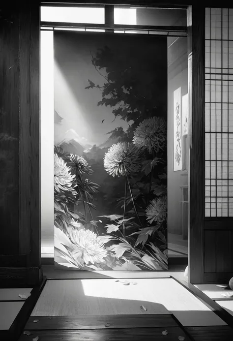 long and narrow room, bright green tatami, shoji screen with beautiful painting, and behind that shoji screen with another beautiful painting,  behind that is (round Japanese family crest, chrysanthemum petals, gold, monochrome), delicate and dynamic textu...