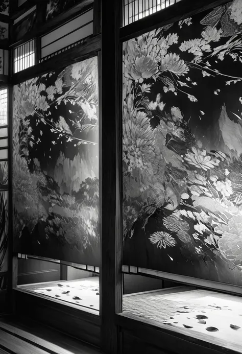 long and narrow room, bright green tatami, shoji screen with beautiful painting, and behind that shoji screen with another beautiful painting,  behind that is (round Japanese family crest, chrysanthemum petals, gold, monochrome), delicate and dynamic textu...