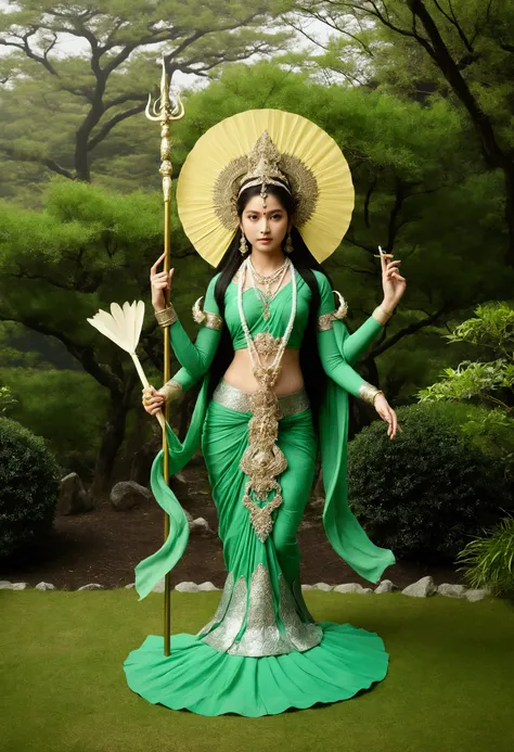 A green-skinned girl holding a trident stands in a garden，Young Girl，iindian goddess , Four arms，The upper right hand holds a trident halberd，Lower right hand holding a peacock feather fan，Holding a black snake in the upper left hand，Lower left hand mudra。...