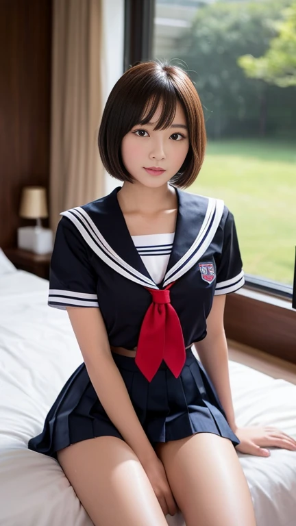 Actual photos of Japanese junior high school girls, 友達とTwo people standing side by side，Head to toe body photo，like々Beautiful woman with a beautiful face，A mature face，Blank look，Clear shiny skin，How to cut bob or short hair，Summer sailor uniform，The ribbo...