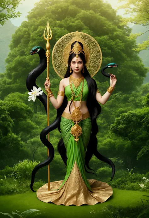A green-skinned girl holding a trident stands in a garden，Young Girl，barefoot , Four arms，The upper right hand holds a trident halberd，Lower right hand holding a peacock feather fan，Holding a black snake in the upper left hand，Lower left hand mudra。Black s...