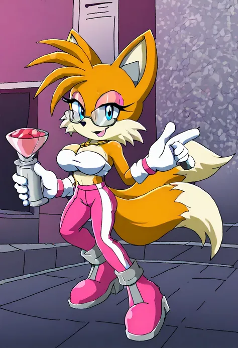 Tails the fox, fox girl, large breasts, wearing gray glasses with golden lenses, city, orange eyeshadow, furry, blue eyes, white tube top, white necklace with red gem, white flared pants, pink breastplate on white tube top, pink heeled boots with pink hear...