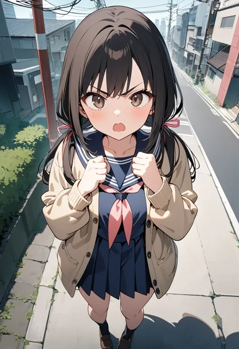 High resolution, 8k, best quality, masterpiece, ultra detailed, anatomically correct, anime,
1girl, standing on side in sidewalk, character clenching fists in front of chest,
very long low twintails with red ribbon, very long low pigtails, black hair, dark...