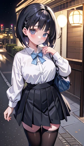 One Girl、positive、Standing posture、Full body portrait、Black Hair、Medium Haircut、blush、Absolute area、Black knee-high socks、Knee-length、stockings、Black Pantyhose、White underwear、Light blue shirt、Dark blue checked mini skirt、Japanese high school students、Summ...