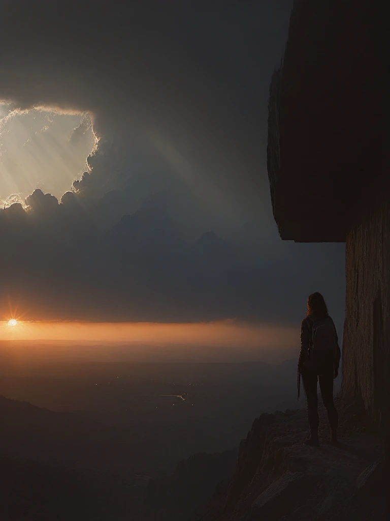 Spectacular artistic fusion,  The dreaded silence that hungers: out there and back. A lone figure of a female explorer with a backpack standing at the edge of a cliff, pensively staring out into a vast landscape of a dystopian and desolate city, at sunset,...