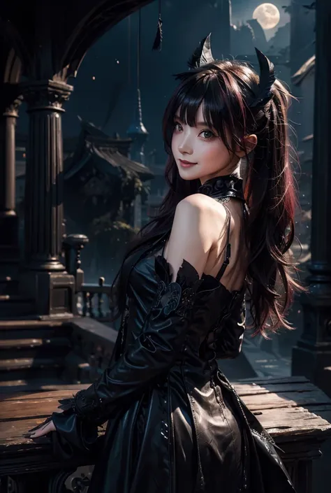 (((Fallen Angel))),(((Black Feather))))),grimoire,lightning,close range,up,Ancient City,Girl,cute,cute,beautiful,From the side,From waist to head,Focus on the face,Looking at the camera,Wide-angle shot,look back,smile,Open your mouth,Medium Hair,Twin tails...