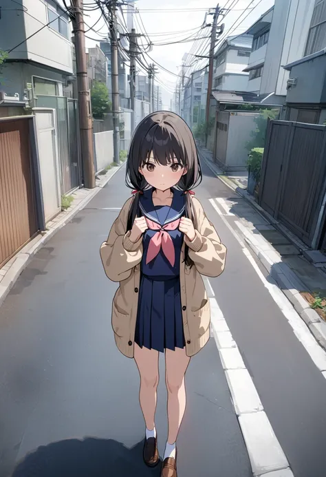 High resolution, 8k, best quality, masterpiece, ultra detailed, anatomically correct, anime,
1girl, standing on side in sidewalk, character clenching fists in front of chest,
very long low twintails with red ribbon, very long low pigtails, black hair, dark...