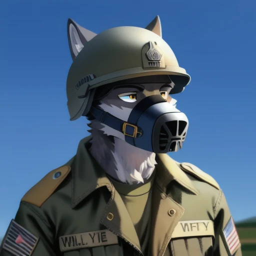 solo, male, wolf, gray colored fur, lean body, anthropomorphic wolf, dark faint blue  uniform, military helmet, Black muzzle, Gray helmet, trench