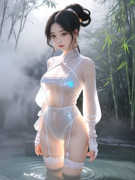 ((a woman)), 美丽脸庞的sexy中国华裔女明星, wearing loose transparent latex clothing, wear dark t-pants, (((light theme, exposing the subject...