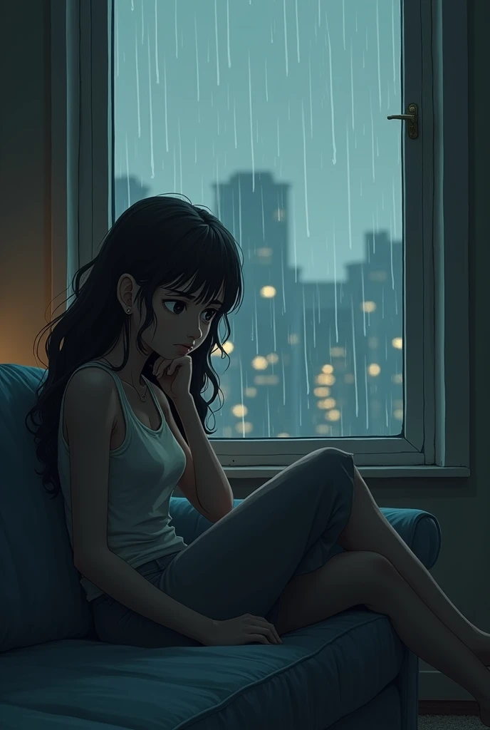 Animation of a woman living alone sitting on the sofa and worrying and thinking，It was drizzling outside the window