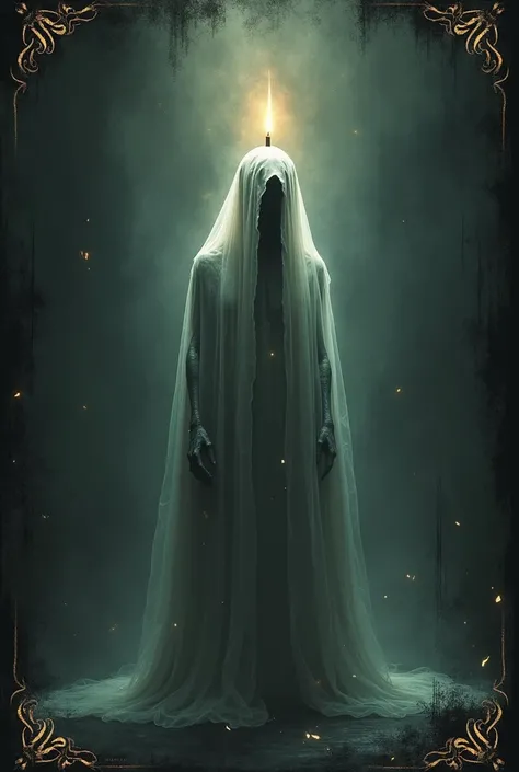 A magical tarot card depicting a hollow, formless monster, armless, with a translucent veil over it, with a candle on top of the head. A game of summoning darkness.