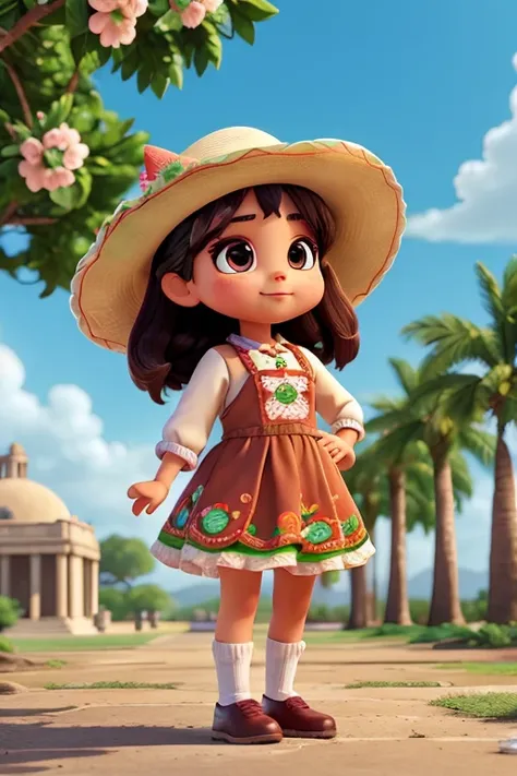 Characters that represent Mexican culture、Deformed cute girl、 Cute pose、Outdoor Scenery、An iconic landmark of her country、((Best Quality))