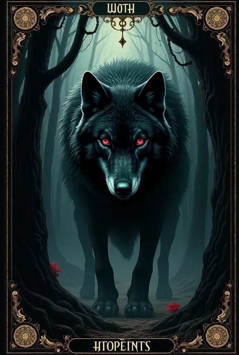 A magical tarot card with a drawing of a sinister wolf, big and with red eyes. A black forest in the background. A game of summoning darkness.