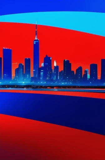 A futuristic city painted in red on a blue background in oil painting、