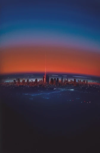 A futuristic city painted in red on a blue background in oil painting、