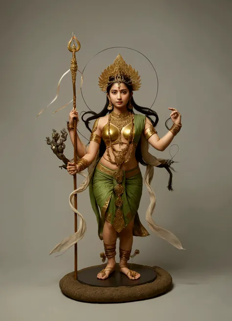Green-skinned girl with four arms standing in the garden，Young Girl，barefoot , Indian goddess with four arms，She has four arms.，The upper right hand holds a trident halberd，Lower right hand holding a peacock feather fan，Holding a black snake in the upper l...
