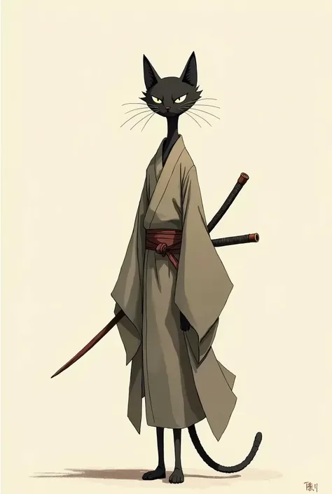 Super monotonous anime　Make a cat a samurai　enlarge your head　tall　Skinny　A kimono that a samurai would wear　Ink Painting