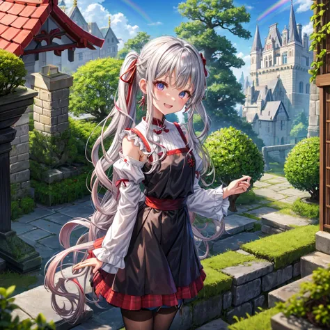 Rainbow red and silver hair、Rainbow Eyes、Wavy Hair、Hair tied up、Two cute、Checked mini skirt、Black T-shirt、Long sleeve、Food、Black knee-high socks、Teeth are visible、Monster Castle、Tilting face、lawn、In front of the city gates、The stone is cracked、Uneven groun...