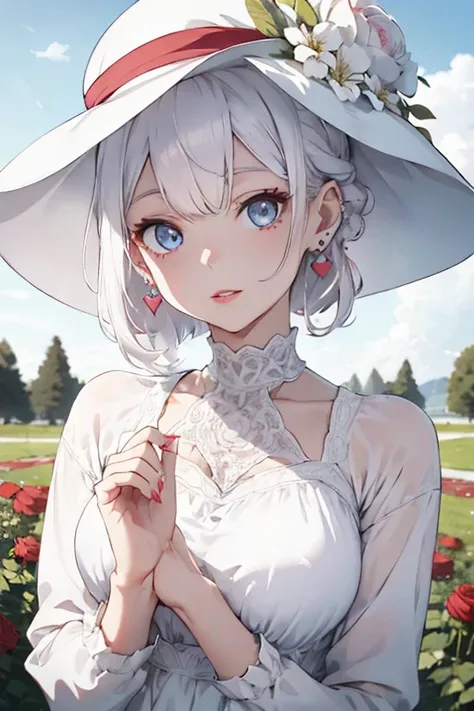 1 female, white long sleeve dress, heart earrings, pink nails, white hair, afro hair, white afro hair, white summer hat, light blue eyes, red lip, sexy lip, white sky, green grass, flowers, roses, sunny