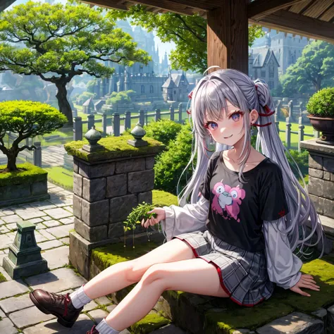 Rainbow red and silver hair、Rainbow Eyes、Wavy Hair、Hair tied up、Two cute、Checked mini skirt、Black T-shirt、Long sleeve、Food、Black knee-high socks、Teeth are visible、Monster Castle、Tilting face、lawn、In front of the city gates、The stone is cracked、Uneven groun...