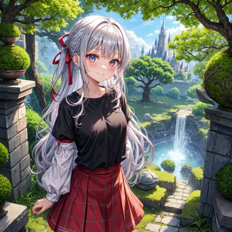 Rainbow red and silver hair、Rainbow Eyes、Wavy Hair、Hair tied up、Two cute、Checked mini skirt、Black T-shirt、Long sleeve、Food、Black knee-high socks、Teeth are visible、Monster Castle、Tilting face、lawn、In front of the city gates、The stone is cracked、Uneven groun...