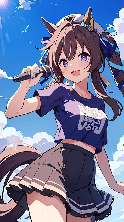 masterpiece, Best Quality, High resolution, Very detailed,(((Viblos))), (((Horse Girl)))、(((Singing。)))、(((Standing at a distance))), (((Facing forward。))), (((Holding a microphone。))), (((stage))), (((Against the backdrop of blue sky))), (((Black T-shirt)...