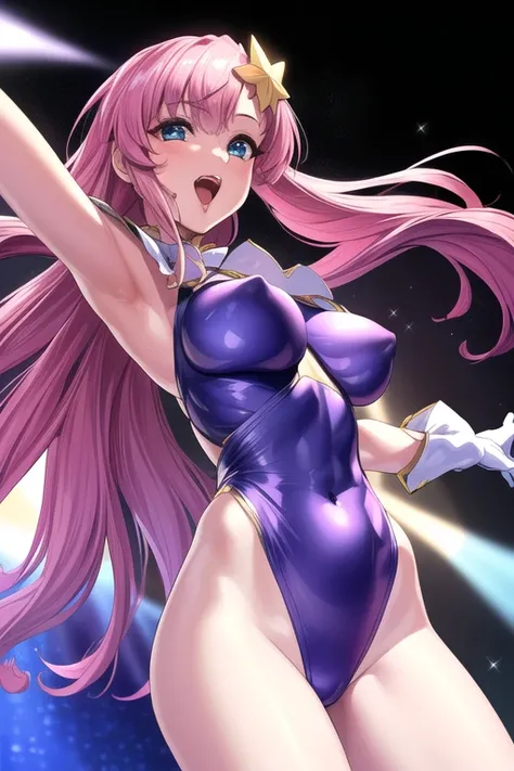 (Perfect Anatomy:1.4), Best Quality, ,)(gloves,Hello, Tight-fitting pearlescent leotard,
Star hair ornament,Mae Campbell,
blue eyes, Pink Hair,bangs,Long Hair),
1 girl, Cowboy Shot, On Stage,(from the front:1.4)