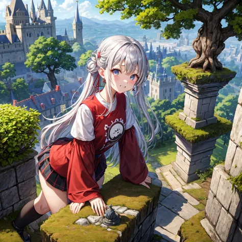 Rainbow red and silver hair、Rainbow Eyes、Wavy Hair、Hair tied up、Two cute、Checked mini skirt、Black T-shirt、Long sleeve、Food、Black knee-high socks、Teeth are visible、Monster Castle、Tilting face、lawn、In front of the city gates、The stone is cracked、Uneven groun...