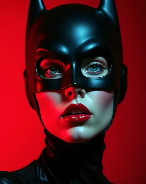 An ultra-realistic and highly detailed image of a womans head wearing a Batman mask. Her eyes are a striking blue, and her lipstick is a bold red. She has delicate facial features and piercings on her lips. The background is entirely red, creating a vivid ...