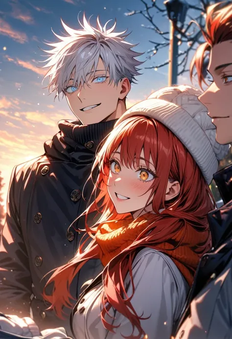 absurdres, highres, ultra detailed, HDR, master piece, couple, 2 people, 1 man, handsome, Gojou Satoru, white hair, black blindfolded, Jujutsu Kaisen, with girlfriend, 1girl,  long hair, red hair, golden eyes, wearing winter hats, scarves, and winter glove...