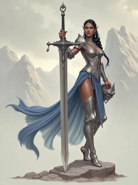 Instruction: Generate an image of a regal female elf spellsword knight.

Details:

She has Latina-colored skin.

Her form-fitting silver plate armor is accented with blue cloth.

She has large breasts and a muscular, athletic build.

Her long black hair is...