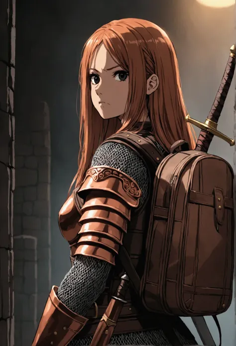 Teenage woman, . Long, straight copper hair. Brazilian. black eyes. high, Sturdy body. rpg. two swords. Mesh armor. Leather backpack on the back. Bad mood.